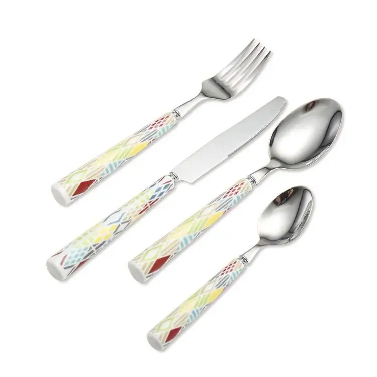 Premium retro porcelain handle fork knife spoon cutler set, inox flatware