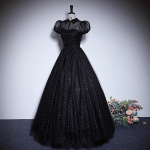 Black Evening Gown Empire Waist High Neck Ball Gown Polyester Formal Wear for Banquets and Events - Product Image 3
