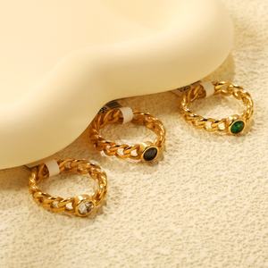 2024 New Design Fashion Green Black White Zirconia Rings Jewelry 18k Gold Plated Simple Chunky Cross <b>Chain</b> Link Ring for Women - Product Image 5