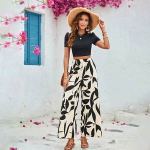 Combinaisons élégantes à imprimé feuilles, haut court à manches courtes uni, <span class=keywords><strong>pantalon</strong></span> <span class=keywords><strong>large</strong></span> <span class=keywords><strong>taille</strong></span> <span class=keywords><strong>haute</strong></span>, ensemble deux pièces pour femmes - Product Image 6