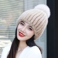 Damen Herbst-Winter-Mütze 2024 aus Echtem Nerzfell, Handbestickt, Reisefreundlich, Gestrickt, Stark Elastisch, Plüschig, Einfarbig, Verstellbar