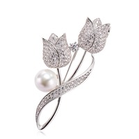 Broches en alliage d'or, motif fleur de tulipe, perle et zircone cubique, style pavé glacé, nœud papillon, accessoire pour vêtements, mariage, anniversaire, usage quotidien et rendez-vous