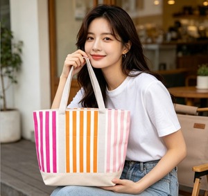 Premium Striped Canvas <b>Handbag</b> Spacious Utility Tote Bag for Short Trips Gym Beach Shopping and Daily Storage - Product Image 6