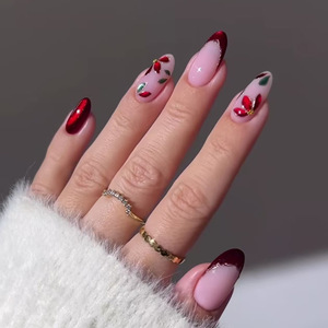 OEM 30 pièces <span class=keywords><strong>Faux</strong></span> ongles à presser œil de chat bordeaux, motif floral French Manucure, haute qualité, emballage personnalisé - Product Image 1