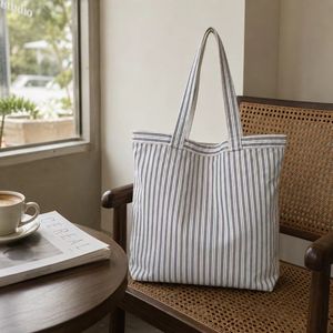 Sac de courses en tissu de coton rayé, grande taille, avec poignée épaule, pour les courses - Product Image 5
