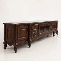 Console multimédia traditionnelle en bois massif, meuble TV en noyer brillant avec portes vitrées et tiroirs pour salon, hôtel