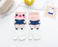 Chaussettes en coton à deux orteils pour femmes, motif dessin animé, multicolore, Jacquard, fendue, cochon, mignon, Tube moyen