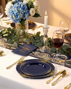 350 pièces de vaisselle en plastique <span class=keywords><strong>bleu</strong></span> et or pour 50 invités, 100 assiettes jetables <span class=keywords><strong>bleu</strong></span> <span class=keywords><strong>marine</strong></span> et or, 50 couverts pré-roulés, 50 gobelets - Product Image 2