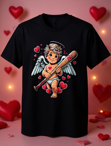 T-shirt pour homme noir pour la Saint-Valentin, design cœur avec ange Cupidon et batte de baseball, coupe classique, col rond, manches courtes, 100% coton - Product Image 2