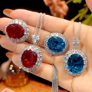 Parure de bijoux haut de gamme pour femme, collier et bague en cuivre plaqué argent, zircon rouge et bleu taille ovale 15*18mm, écologique et tendance - Product Image 1