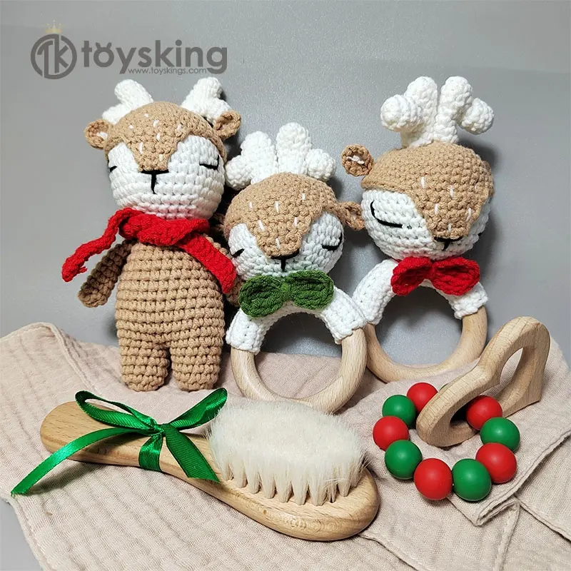 TK all'ingrosso sonaglio in legno Silicone Bubble beads Crochet Toy Soft Deer renna Cute Baby massaggiagengive per natale