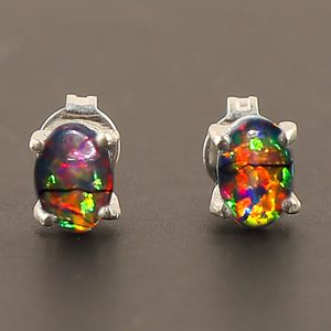 YASHEE Black <b>Opal</b> Stud <b>Earrings</b> Oval Shape Silver Plated For Women Chakra Healing Crystal Birthstone Jewelry - Product Image 3
