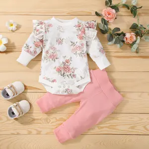 Newborn Infant Baby Girls Clothes Set Floral Outfits Long Sleeve Ruffles Romper Long Pants Spring Clothing