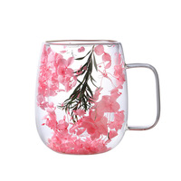 Verre à vin, café ou thé à double paroi avec poignée, originalité 2025, fleurs séchées à l'intérieur