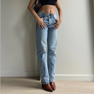 Jeans droits taille haute délavés clairs pour femmes, bas décontractés pour tous les jours, streetwear - Product Image 1