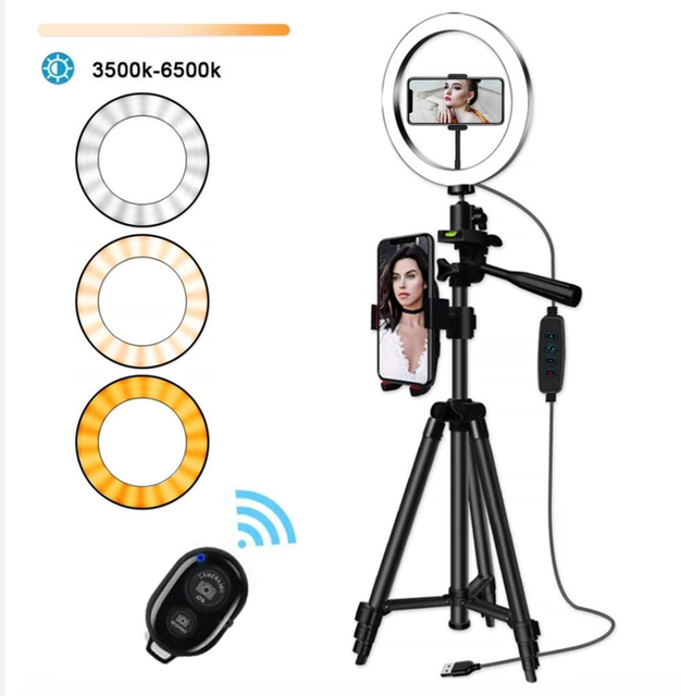Professional Photography Wire Control Fill Light USB Rechargeable Portable Tripod Stand LED Selfie Round Three Colors Ring Light