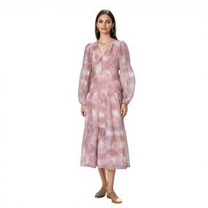 Abito Vintage Autunnale <span class=keywords><strong>Rosa</strong></span> Fumo con Stampa, Elegante <span class=keywords><strong>Vestito</strong></span> Francese da Donna con Maniche a Lanterna, Scollo a V, Vita Alta, Antistatico, in Pizzo - Product Image 1