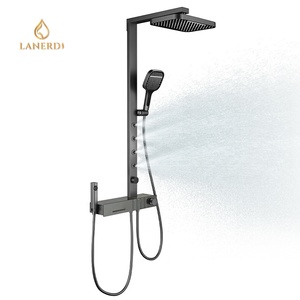 Ensemble de douche cascade nordique contemporain en acier inoxydable avec contrôle thermostatique en céramique, jets de <span class=keywords><strong>massage</strong></span> corporel, barre coulissante et douche carrée - Product Image 1