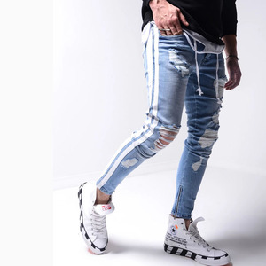 Pantalones Vaqueros Ajustados de Mezclilla Desgastada Azul con Cierre de Cremallera en el Tobillo y Raya Lateral Blanca para <span class=keywords><strong>Hombre</strong></span>, de Alta Calidad al por Mayor - Product Image 3