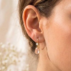 Pendientes Colgantes Elegantes de Cuarzo Rosa en Forma de Pera Hechos a Mano con Circonitas en Plata de Ley 925 o Chapados en Oro, Joyería Fina - Product Image 4