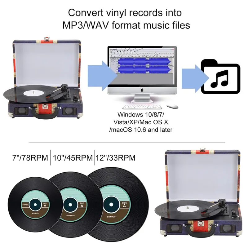 Tourne-disque vinyle Tourne-disque vinyle à USB Tourne-disque vinyle portable et valise de mode Tourne-disque