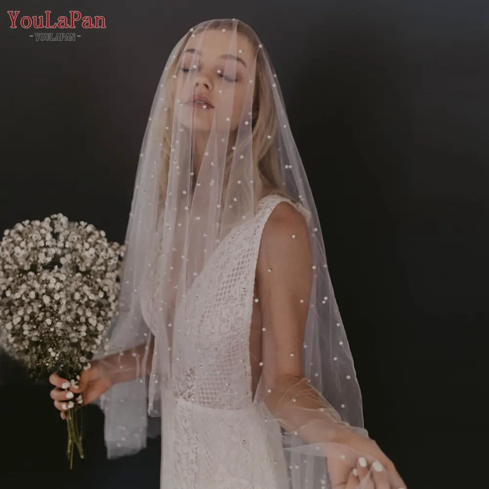 YouLaPan V05 Multi-Sized Customizable Cathedral Wedding Tulle Pearl Soft Bachelorette Veil Short Wholesale Bridal Veil