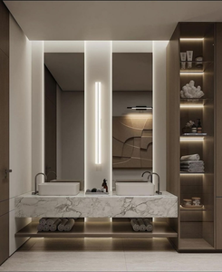 Modern Wood Textured Floating <b>Bath</b> Cabinet with Double Vessel and LED <b>Light</b> Compartment - Product Image 1