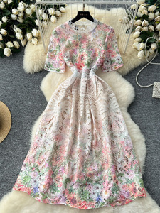 Robes trapèze décontractées pour femmes, design chic, <span class=keywords><strong>de</strong></span> qualité supérieure, en dentelle florale ajourée imprimée, couleur unie, écologiques, respirantes, col et manches courtes - Product Image 4