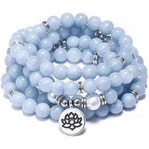 8mm 108 Mala Beads Wrap Lotus Pendant Yoga Stone Charm Bracelet and Necklace Natural Gemstone Jewelry for Women Men