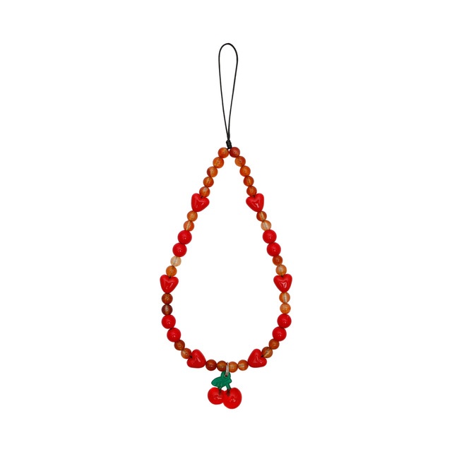 Y2K Romantic Red Heart Handmade Beaded Wrist Phone Chain Pendant Cherry Keychain Cute Phone Charms Accessories Bracelet Keychain