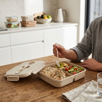 Boîte à lunch bento en paille de blé, plastique PP, 4 compartiments, anti-fuite, portable, pour l'école et le bureau