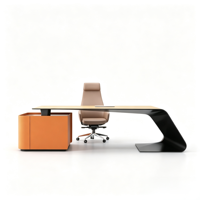 Bureau de direction moderne en forme de L, couleur orange, avec table incurvée pour cadre administratif, mobilier de bureau avec grand rangement