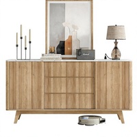 Buffet en bois massif rainuré de 62 pouces de large avec portes coulissantes, 3 tiroirs, étagère réglable, prise électrique, meuble moderne de style mid-century pour la maison