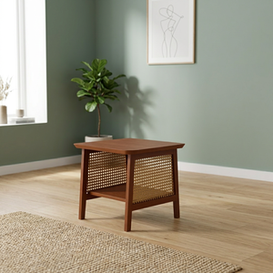 Mesa de Noche Moderna de Mediados de Siglo con Diseño de Panel de Ratán, Muebles para Dormitorio - Product Image 3