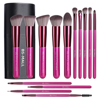 Ensemble de 14 pinceaux de maquillage professionnels BS-MALL, étiquette privée OEM, vegan, manche en bois rouge, pinceaux vegan, cosmétiques avec étui
