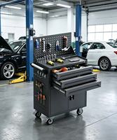 Chariot d'atelier moderne en fer noir CYD avec 3 tiroirs, portes coulissantes, panneau grillagé, poignée, grande capacité de charge, verrouillable, pour garage
