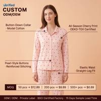 Conjunto de Pijamas de Algodón Modal para Mujer al por Mayor, Diseño Personalizado OEM con Estampado de Corazones de Cereza, Manga Larga, Botones, Ropa de Dormir de 2 Piezas