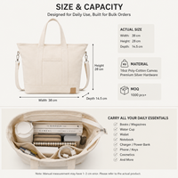Sac fourre-tout en toile de coton grande capacité, vente en gros, tissu 16 oz, poche avant, fermeture éclair intérieure, fermeture magnétique, emballage cadeau, approvisionnement en vrac