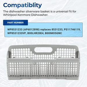 WP8562043 Cesta para Cubiertos de Plástico Gris para Lavavajillas, Compatible con Lavavajillas Whirlpool y Kenmore - Product Image 2