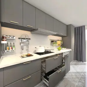 Armarios de cocina de estilo moderno, Villa personalizada directa de fábrica, mediados de siglo, color gris brillante, EE. UU.