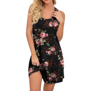 Camisón sin mangas para mujer, camisón con estampado floral y espalda cruzada, ropa informal de verano suave de punto de algodón - Product Image 1