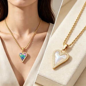 Collier élégant pour femme avec pendentif cœur en nacre et coquille d'ormeau, orné de pierres CZ, chaîne torsadée en acier inoxydable - Product Image 5