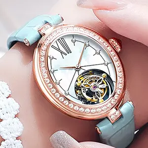 Benutzer definierte Edelstahl gehäuse Skelett Tourbillon Diamant Dame wasserdichte mechanische Uhren