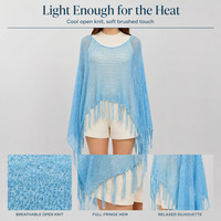 Poncho en tricot personnalisé OEM ODM pour femme, bleu clair, à franges, cache-maillot de plage, cape en tricot ajouré, ourlet asymétrique, pour l'été