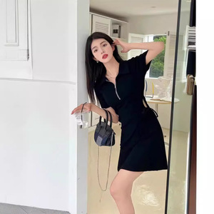 Polo Collar Dress Women Summer 2024 Pink Solid Color Drawstring Waist Cinching Casual Daily Wear Short Skirt - Product Image 5
