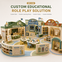Centre de jeu éducatif personnalisé avec rembourrage doux, incluant une salle de classe, une bibliothèque scientifique, des espaces d'art et de compétences éducatives pour les enfants d'âge préscolaire, et un café