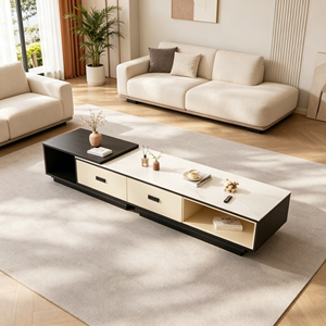 Meuble TV haut de gamme à plateau en marbre bicolore, tiroir coulissant lisse avec rangement dissimulé, console multimédia minimaliste de luxe léger pour salon - Product Image 5