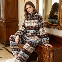 Nouvelle collection hiver : Ensemble de pyjama et de détente pour femme en polaire corail, chaud et épais, imprimé, à manches longues et pantalon, pour Noël et les fêtes