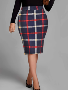 Jupe crayon Joyinspring grande taille vintage à carreaux décontractée bleu marine en polyester taille naturelle moulante longueur genou extensible pour le printemps - Product Image 3