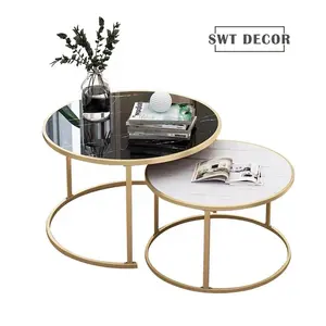 SWT Living Room Furniture Luxury Gold Round Marble Table Tops Centre Coffee Table Mesa